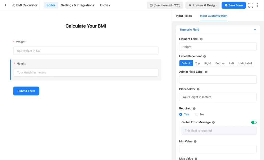 Customizing numeric field